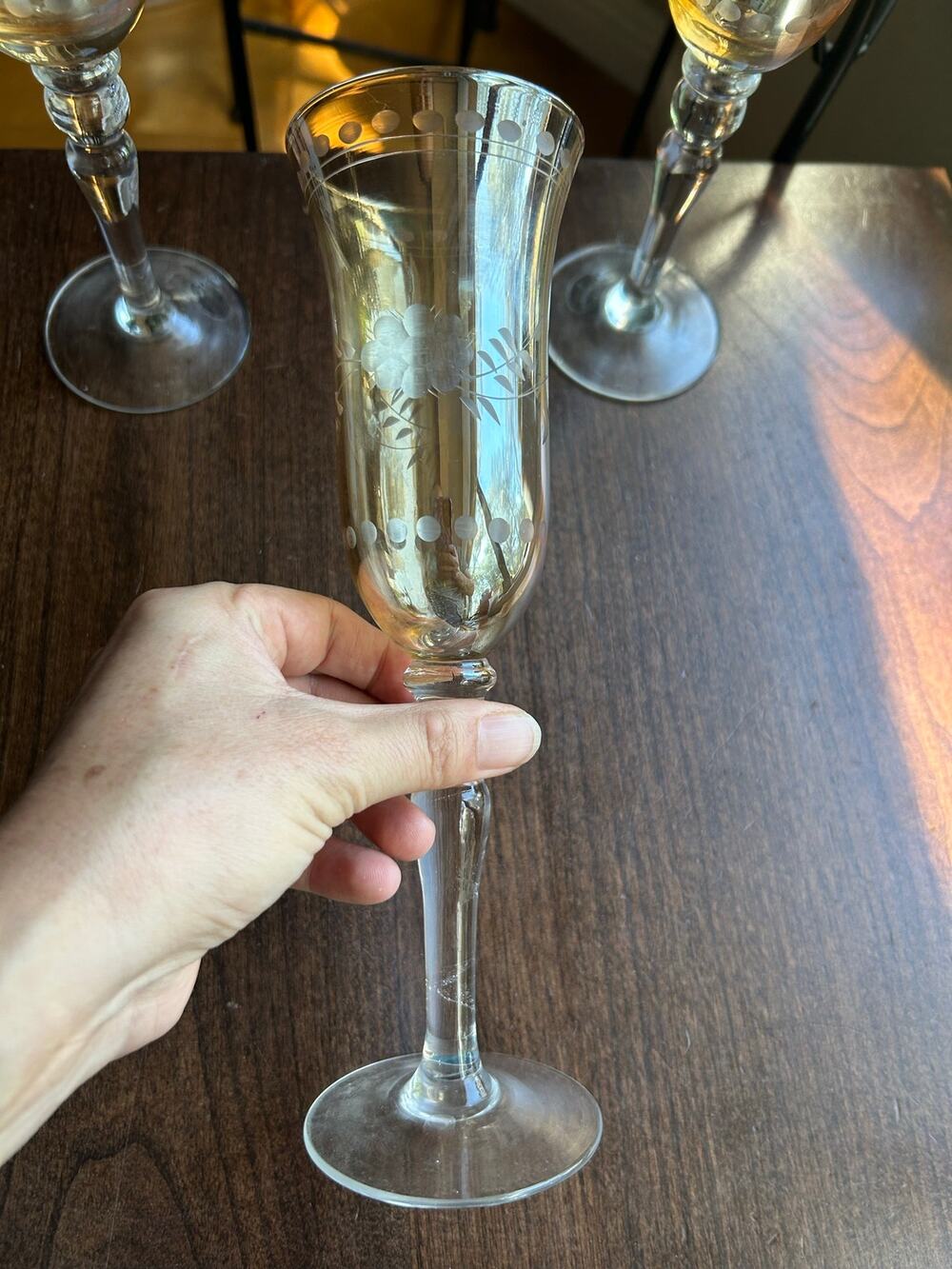 3 Home Essentials and Beyond cut to clear light amber floral champagne glass